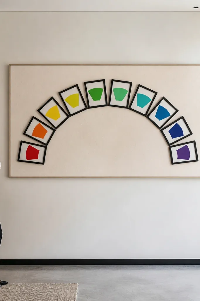Twelve small frames arranged like a color wheel with bright spectrum prints
