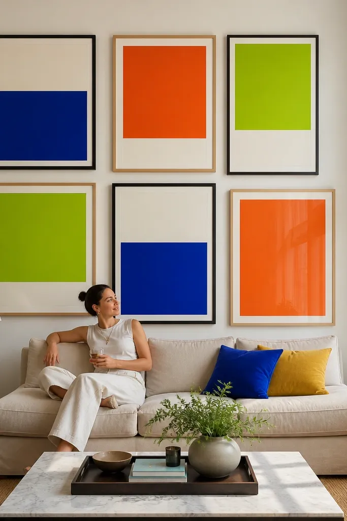 Large color block poster prints in mismatched frames arranged in a wide grid