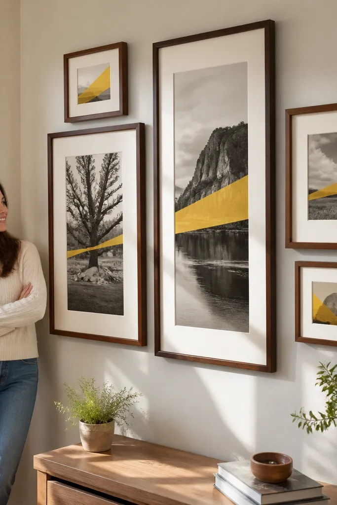 Frames of different heights with a repeated color stripe running through the artwork