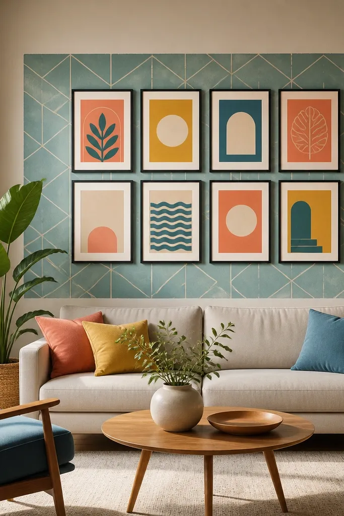 Small gallery frames hung on a colorful wallpaper panel with coordinated colors