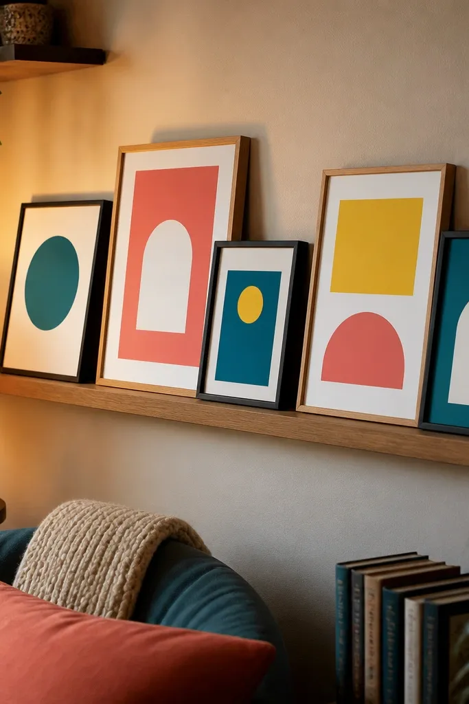 A wall shelf with colorful framed art leaning against it in a layered arrangement