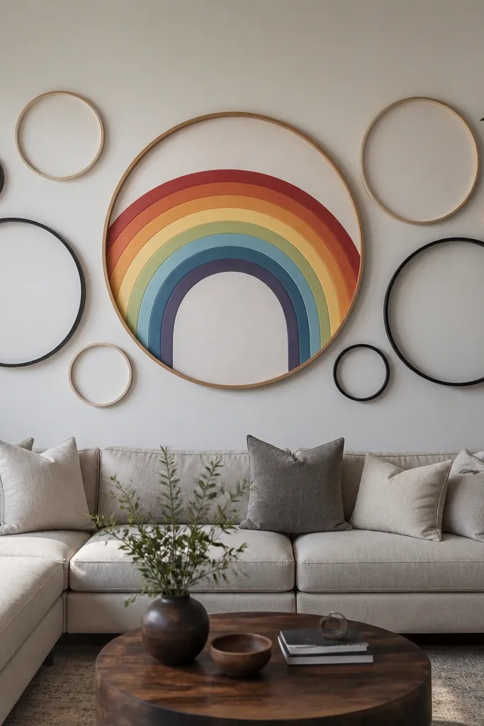 Three large circular frames around a colorful center print, with bright arcs