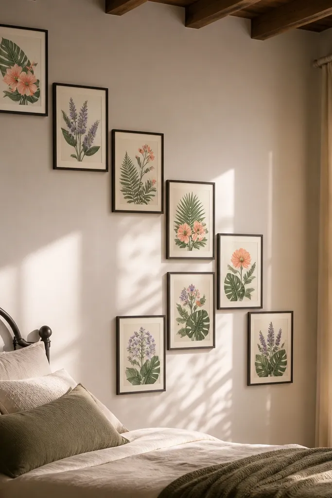 Botanical art prints in colorful greens and pinks arranged in an S-shaped vertical gallery