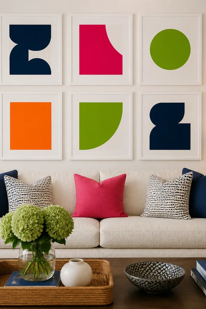 Bright color block art in white frames arranged in a crisp collage with consistent spacing