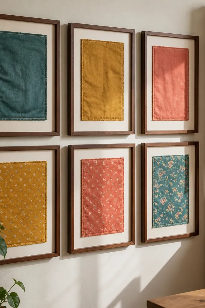 Frames containing pressed fabric swatches in bright colors arranged in a neat grid