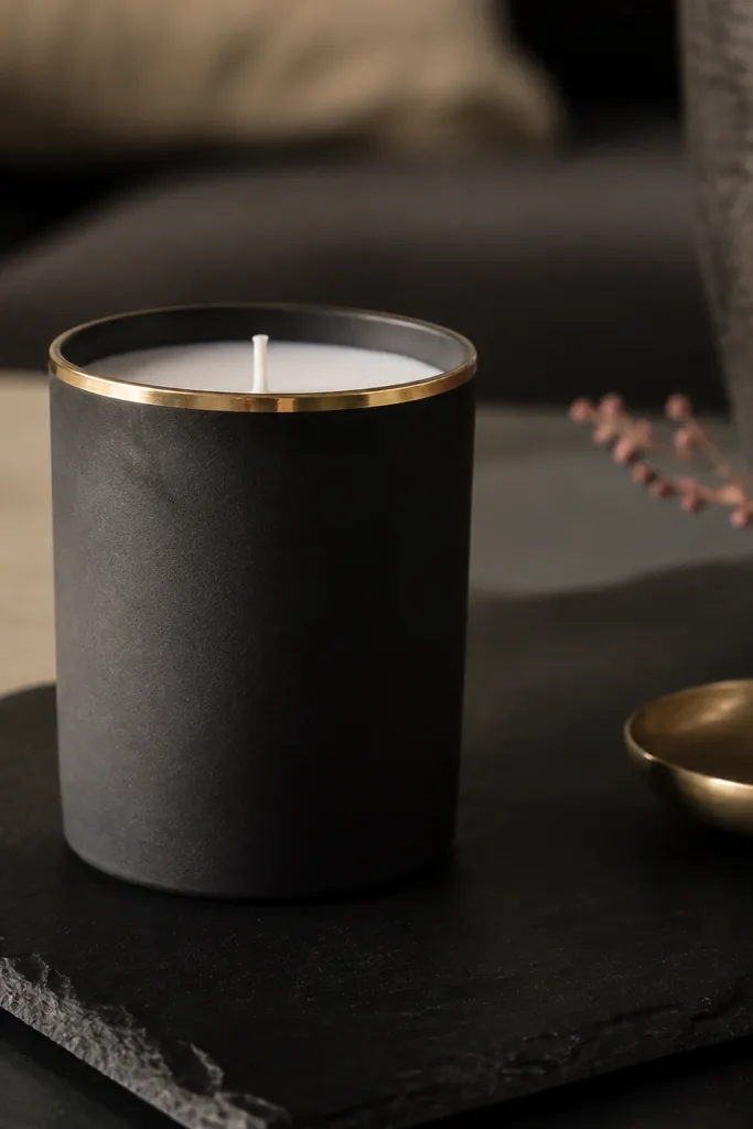 Charcoal candle with a thin gold border line around the middle