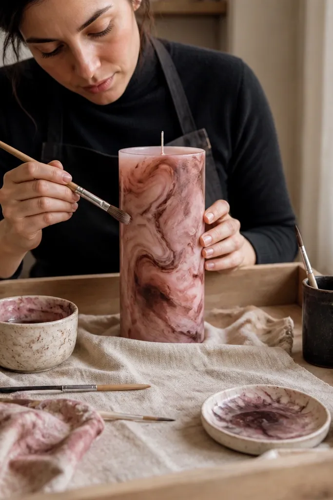 Dusty rose and espresso marbled candle with soft swirls