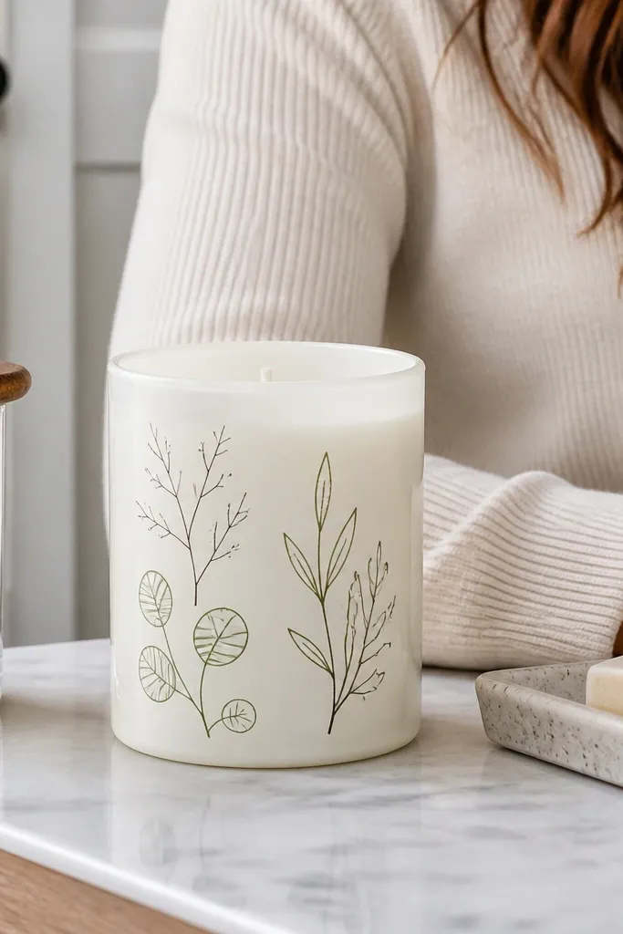 Off-white candle with a thin black botanical line drawing