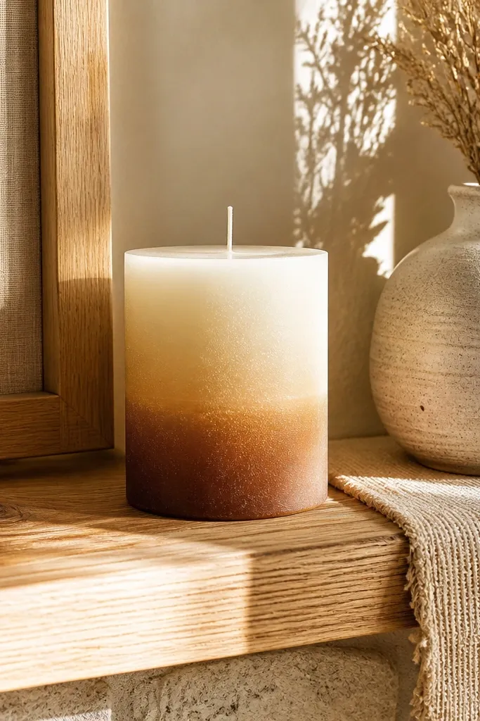 Cream-to-cocoa ombre candle with a smooth vertical fade