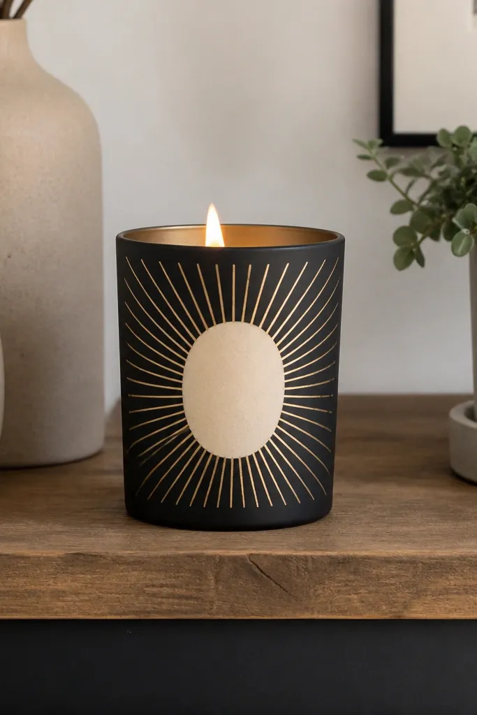 Cream candle with thin gold sunburst rays from a clear center