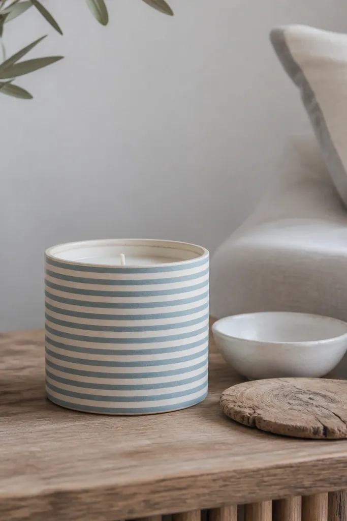 Matte candle with alternating thin stripes in cream and muted blue