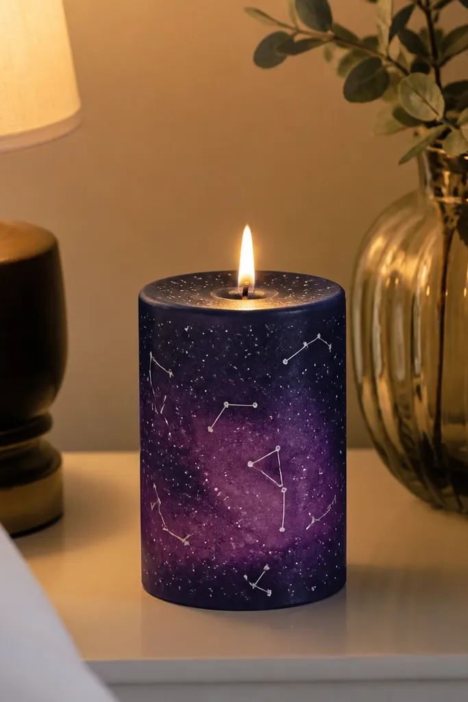 Dark navy candle with a purple fade and tiny white star dots