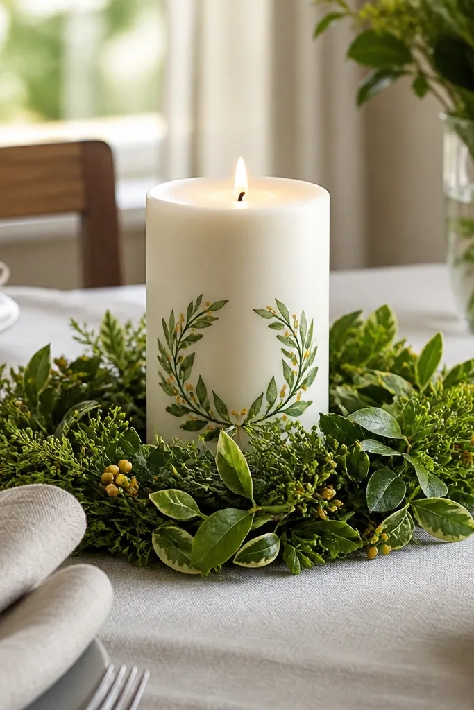 Off-white candle with a wreath of small green leaves around the center
