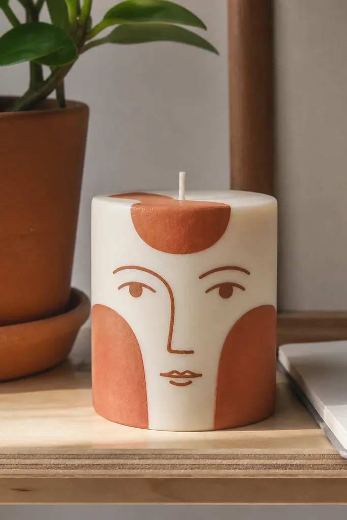 Cream candle with terracotta face shapes and thin black line features