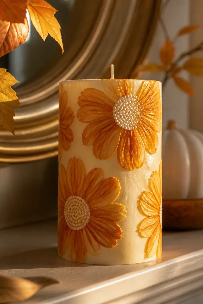 White candle with marigold flowers and dotted yellow centers