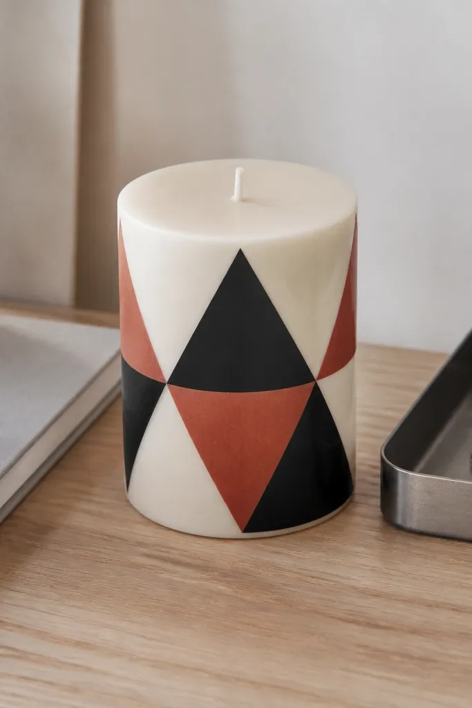 Cream candle with taped geometric triangles in black and terracotta