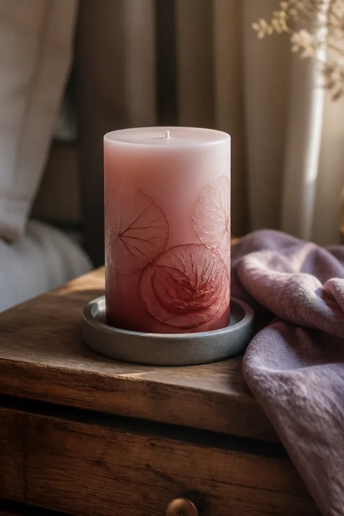 Pink ombre candle with a faint rose outline and subtle vein lines
