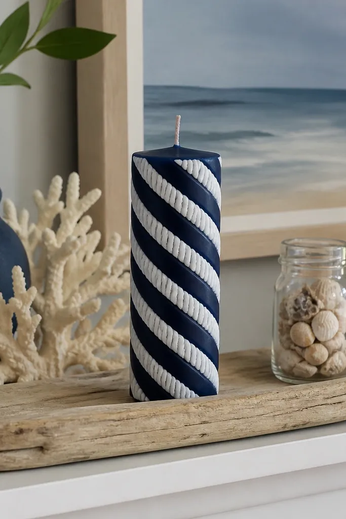 Navy candle with white rope-like spiral painted around it