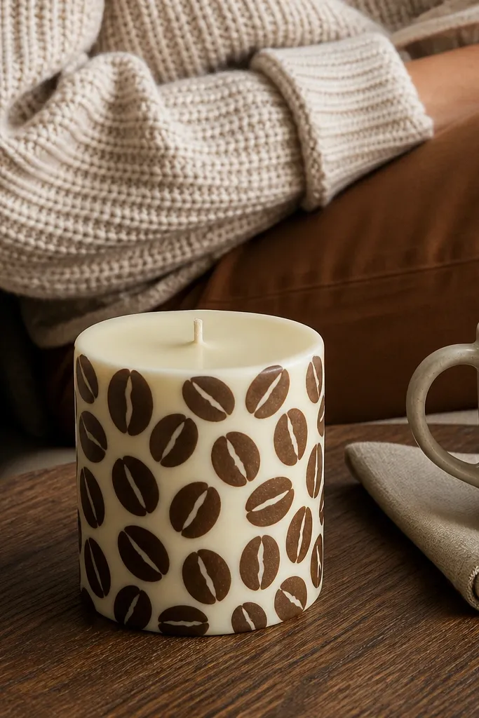 Cream candle with repeating coffee-brown brushstroke bean shapes