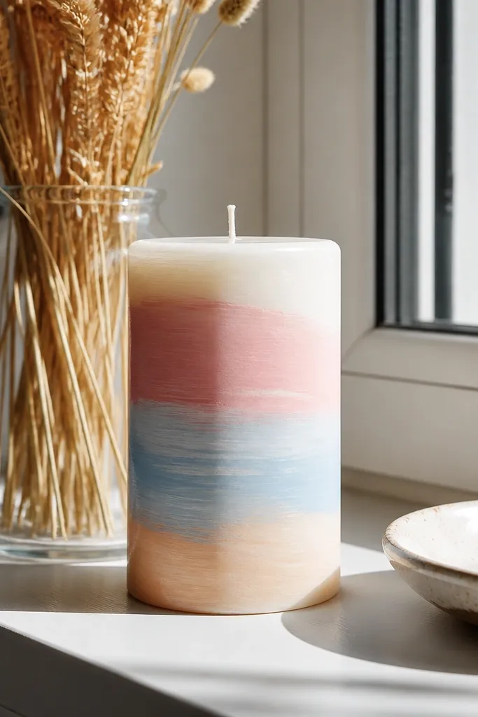 Pastel candle with layered brushstroke stripes in pink, mint, and lavender