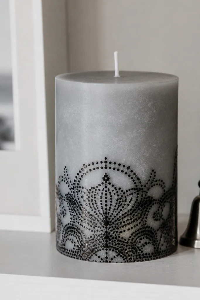 Soft gray candle with black dotwork lace pattern near the bottom