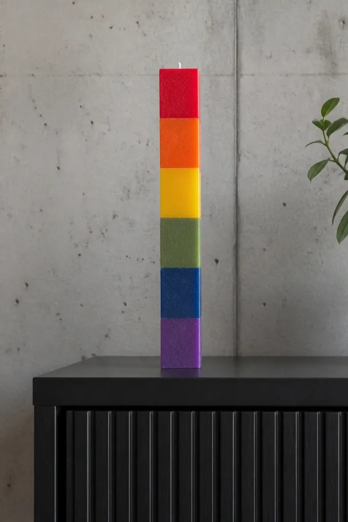 Candle with vertical blocks of bright rainbow paint, stacked neatly