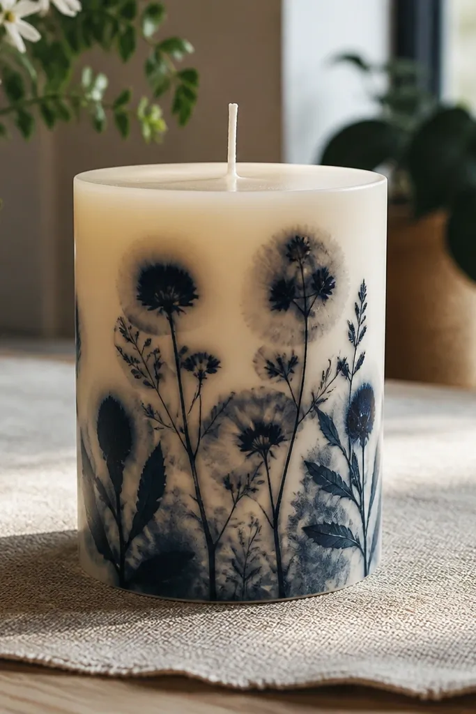 Candles with dark flower silhouettes and soft ink-like edges around the shapes