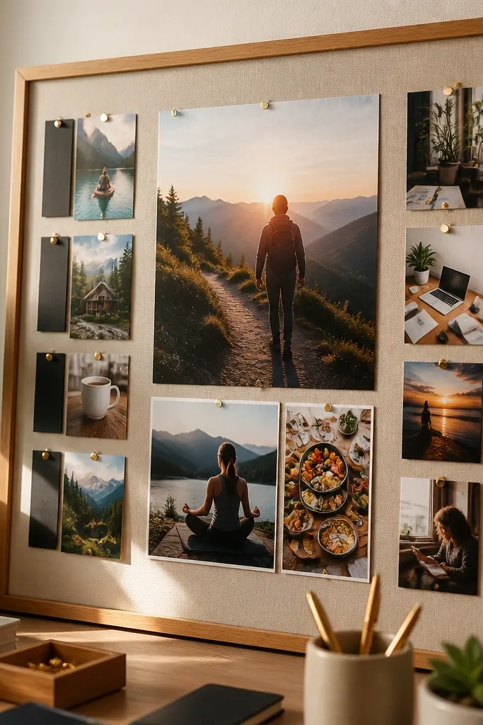 Three photos stacked in center with two short text labels on the left and right