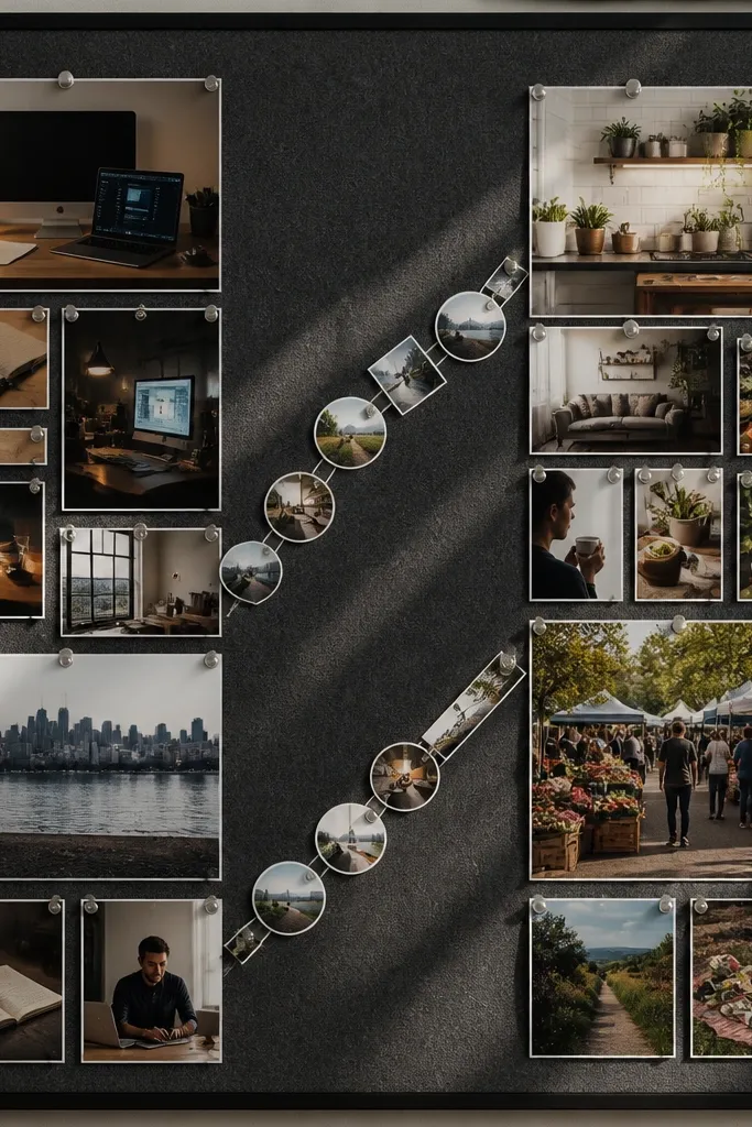 Two columns of photos separated by a diagonal line with small icons along the diagonal