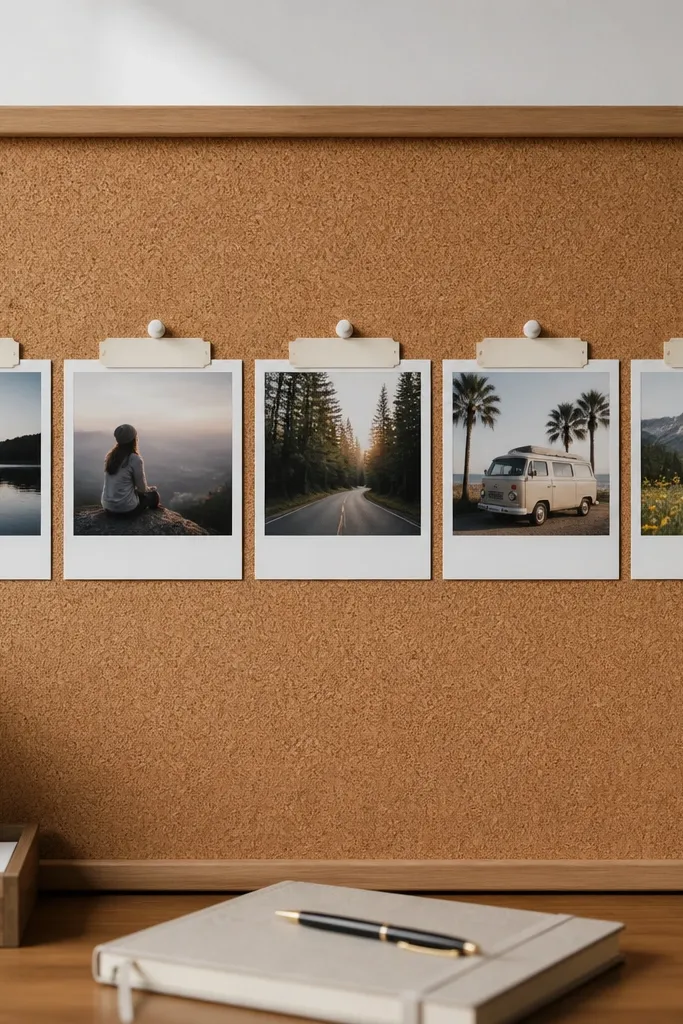 Five photos in a row with white polaroid-style borders and small caption tags