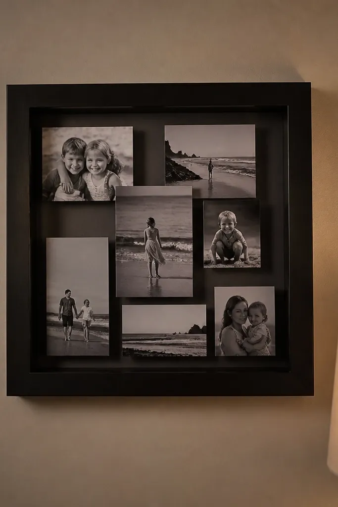 A small shadow box on a board containing four photos arranged inside a border