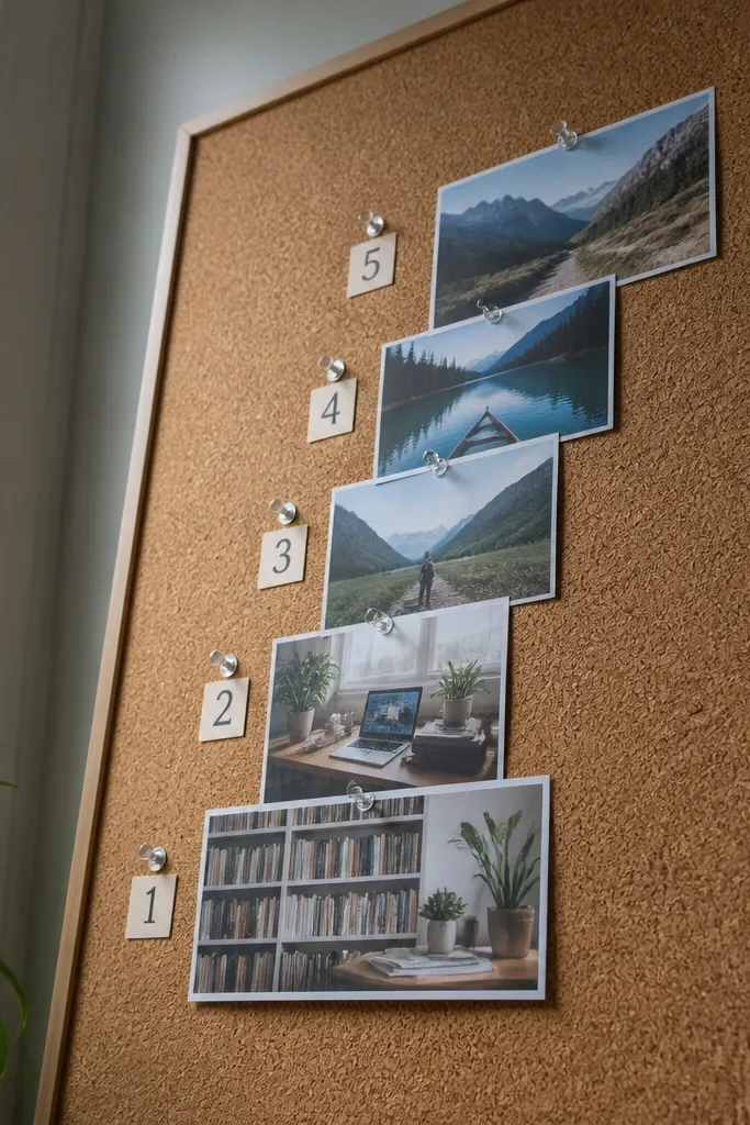 Photos arranged like stairs rising upward with small numbered markers