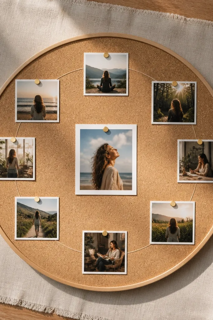 A central word with photos arranged in a circle around it