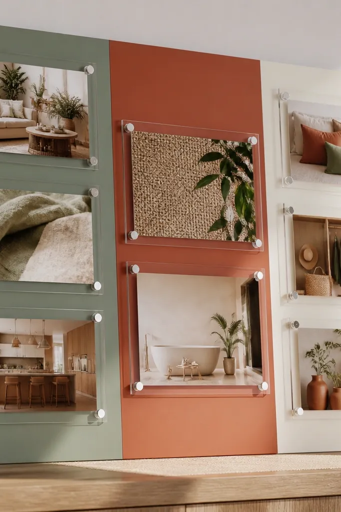 Solid color blocks with photos mounted like windows over each block