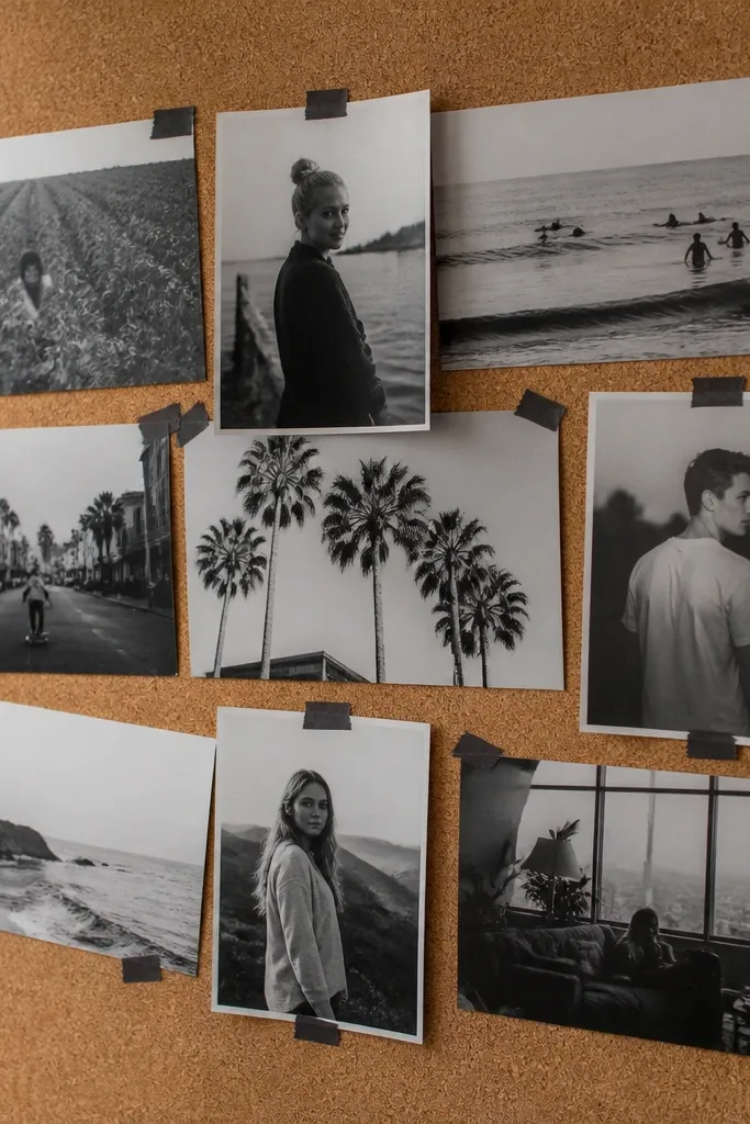 Photos overlapping in two layers with the same tilt angle and small tape corners