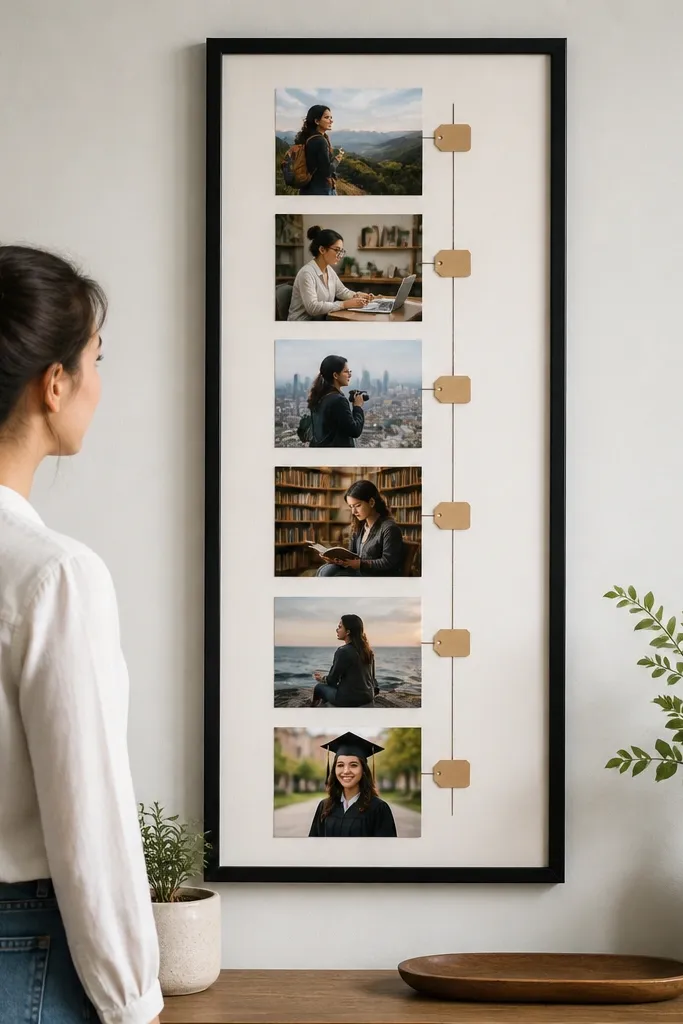 A vertical line running down with photos attached at intervals and tiny date tags