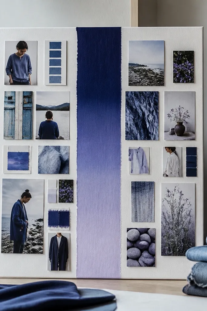 A gradient accent strip across the middle with photos mounted above and below it