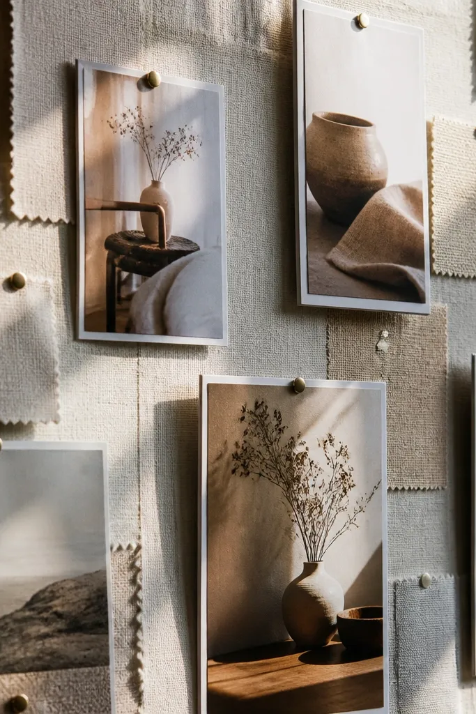 Fabric swatches in a grid with small photos layered on top