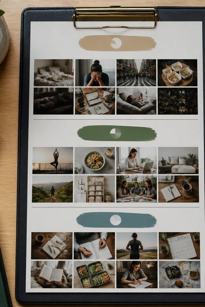 Three blocks stacked vertically with titles above and photos inside each block