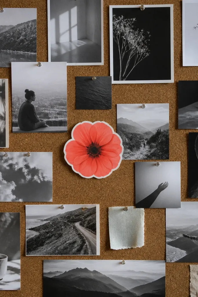 Mostly grayscale photos with one bright accent color sticker label in the center