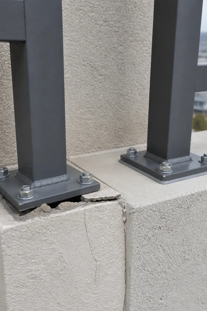 Railing post base with visible wobble and gaps around anchors