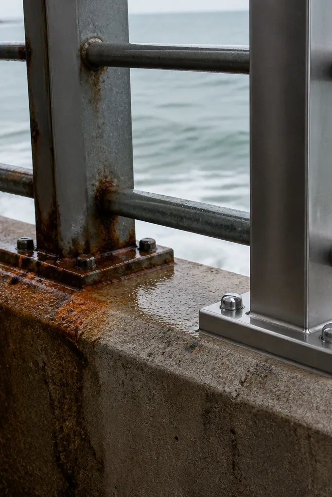 Rust stains around railing screws and base plates