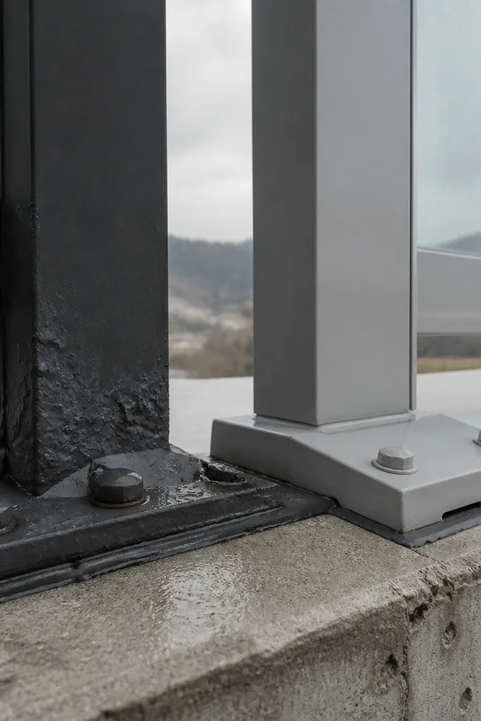 Railing base with pooled water at the lowest joints
