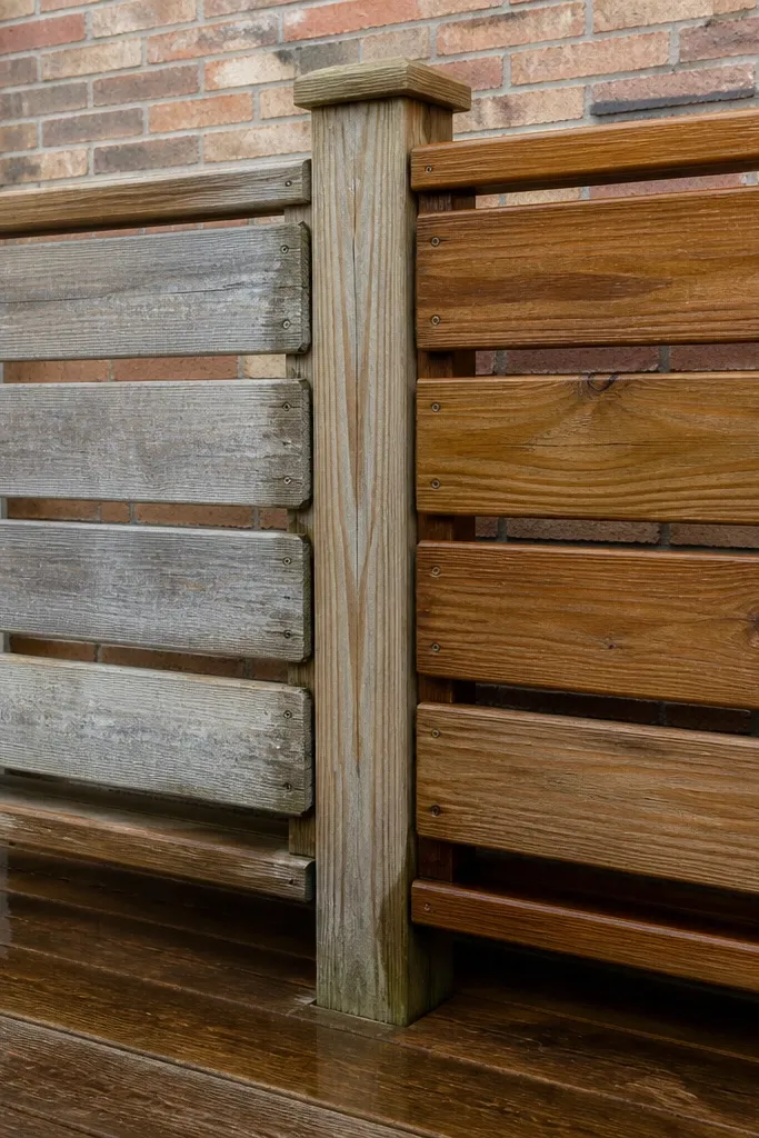 Gray, weathered wood railing with peeling finish