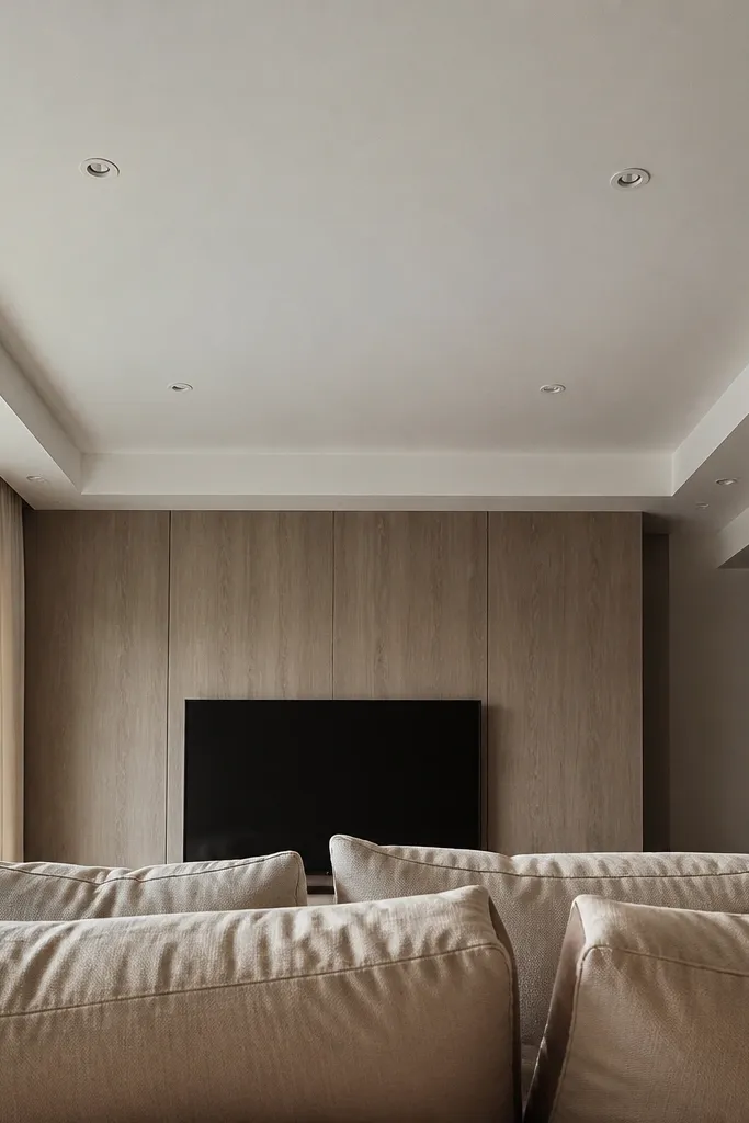 Living room ceiling with a low perimeter drop and uneven shadow line