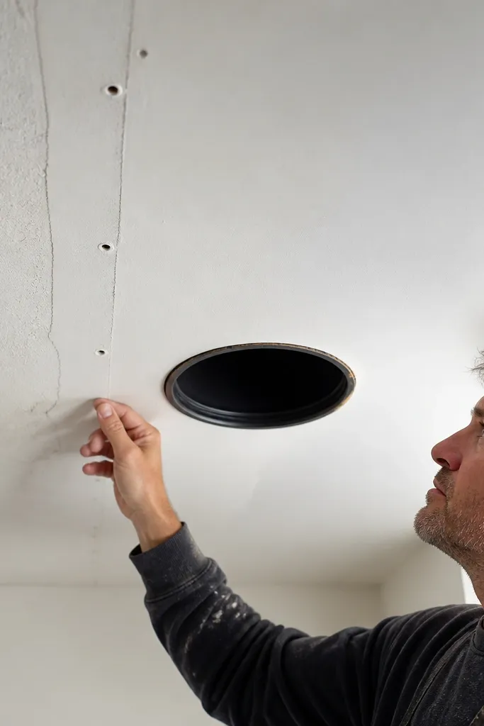 False ceiling with screw heads showing and hairline cracks along seams