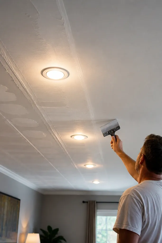 Downlights casting shadows that track along ceiling seams