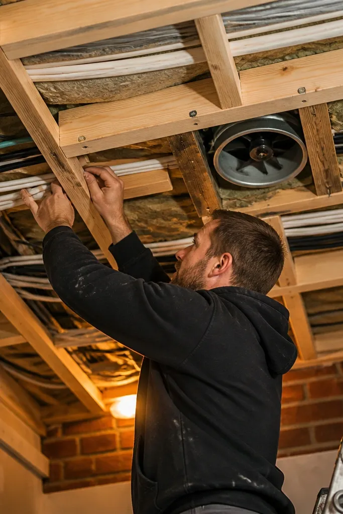 Ceiling cavity with visible loose wiring near fan and light points