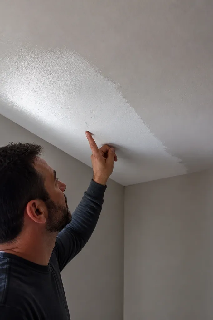 Ceiling with uneven paint sheen around skimmed areas