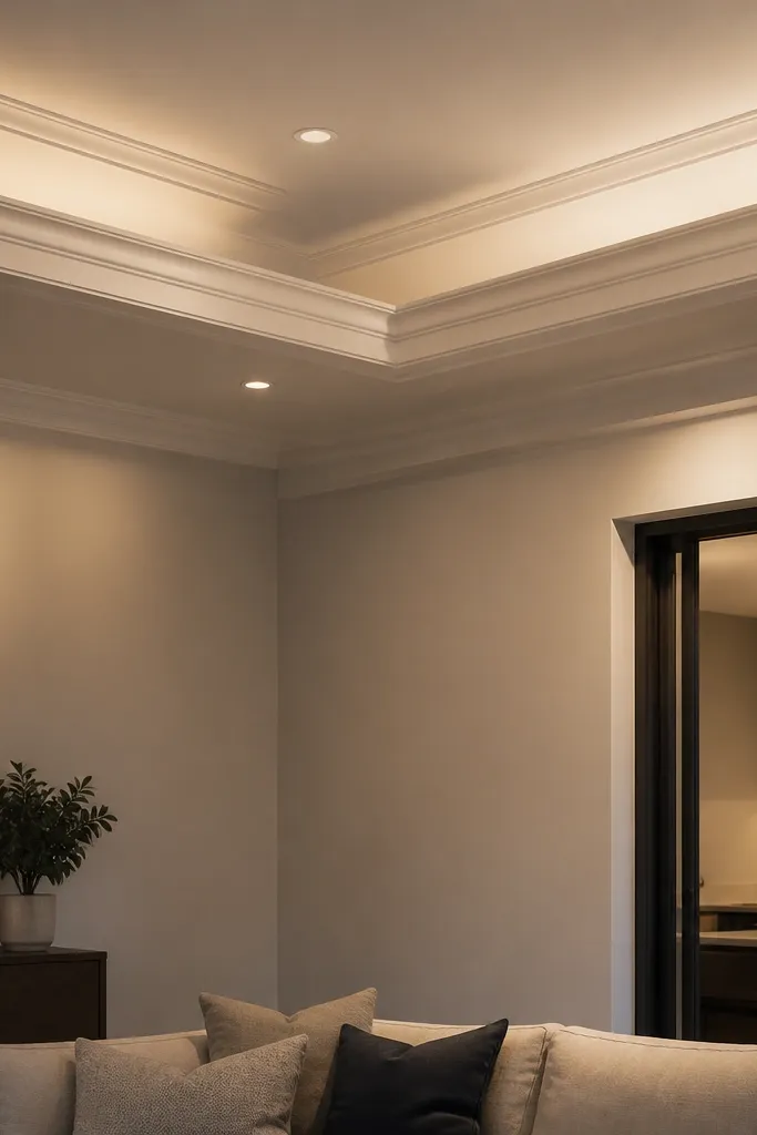 Ceiling molding forms sharp corners that create harsh light spill